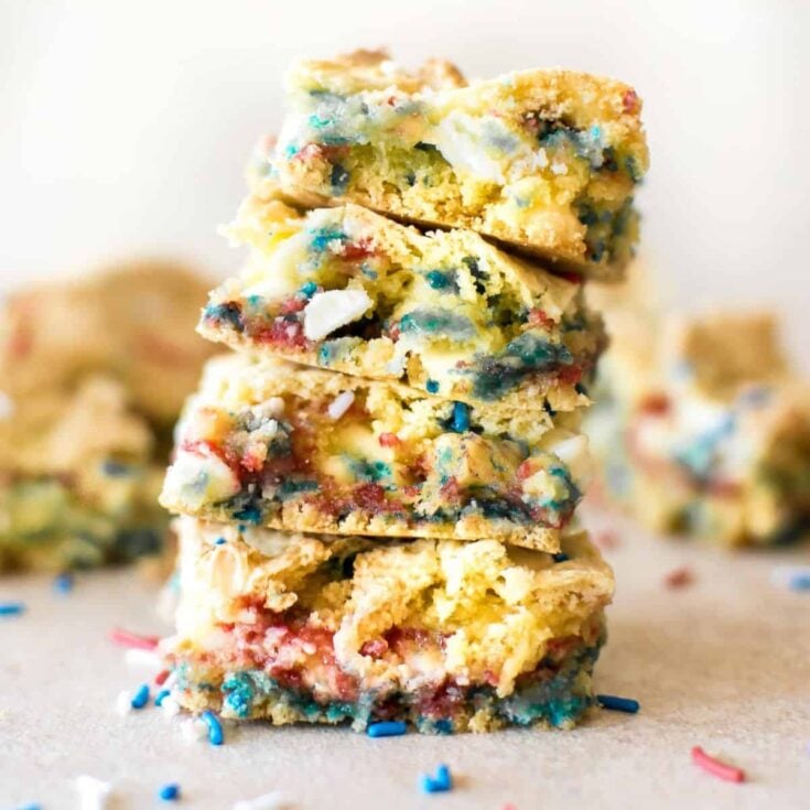 Red, white, and blue Funfetti blondies perfect as Patriotic Cookies