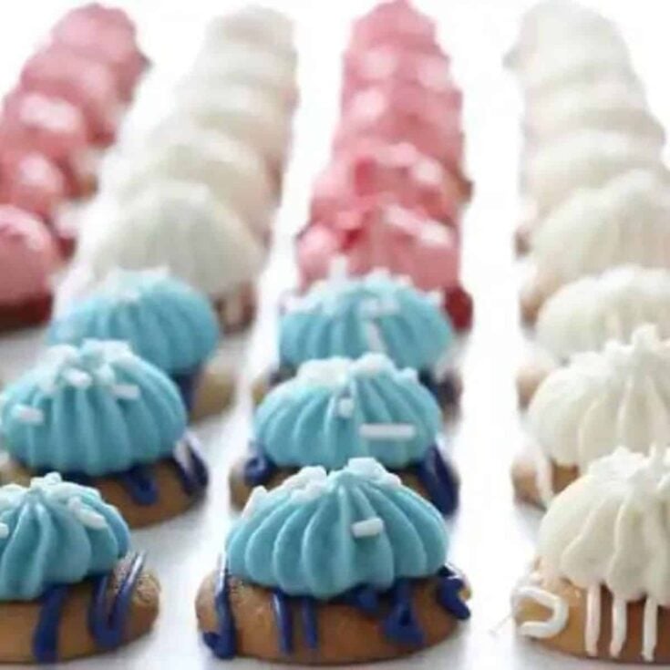 A tray of red, white, and blue cheesecake cookies perfect as Patriotic Cookies