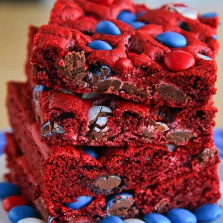 A stack of red, white, and blue cookie bars perfect as Patriotic Cookies