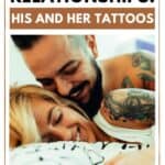 A happy tattooed couple on the bed with the text overlay tattoos and relationships: his and her tattoos