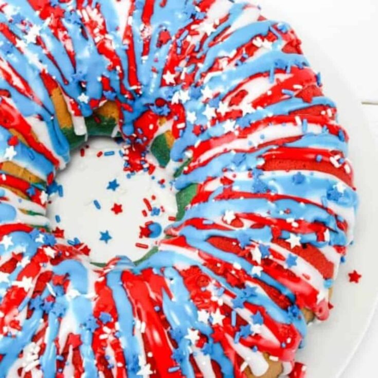 A plate of the easiest ever patriotic red, white and blue cake
