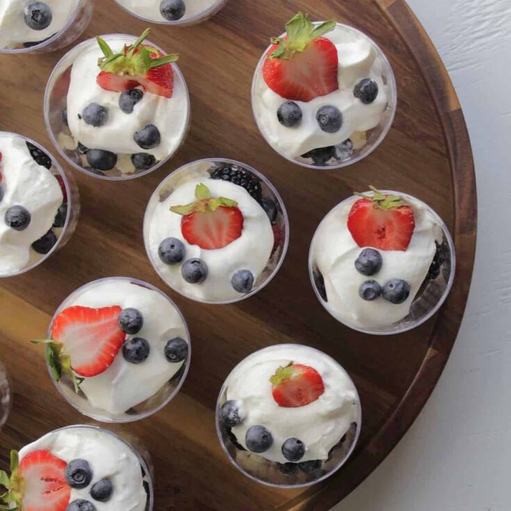 A tray of no bake Fourth of July mini red, white and blue trifle