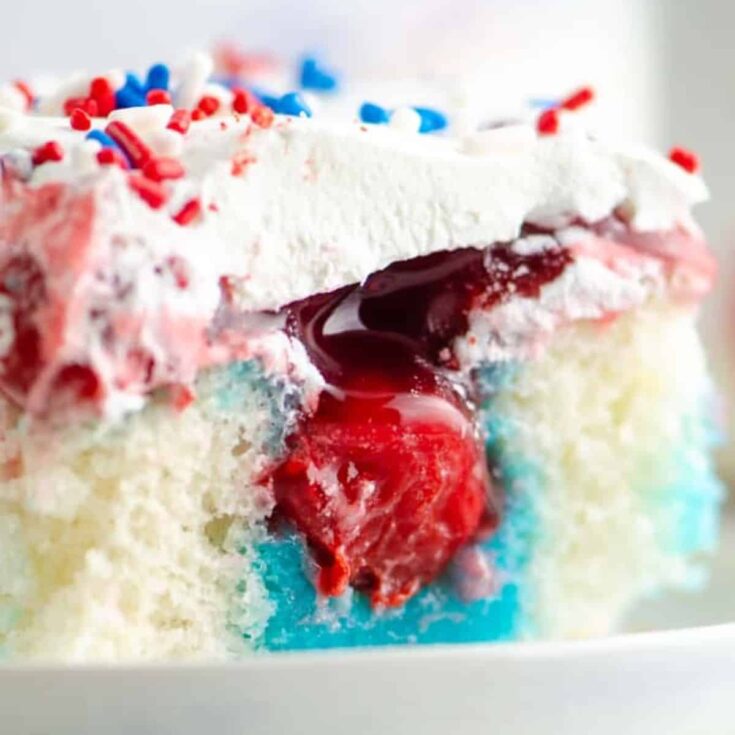 A slice of patriotic poke cake