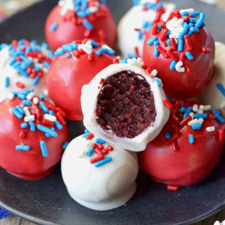 A set of appetizing red velvet patriotic cake balls