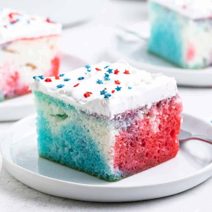 A slice of red, white and blue Jell-O patriotic poke cake