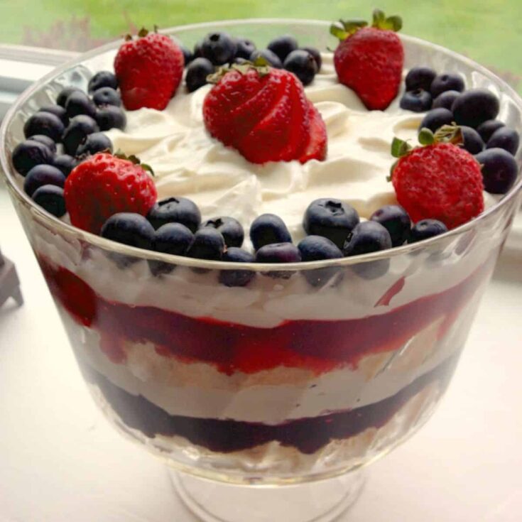 A big bowl of red, white and blue berry trifle