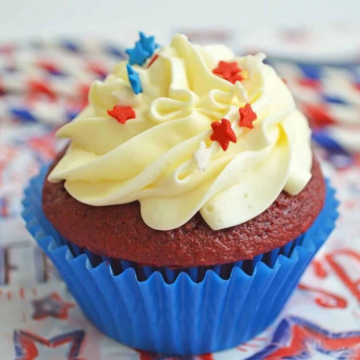 An appetizing red, white and blue Patriotic Cupcakes