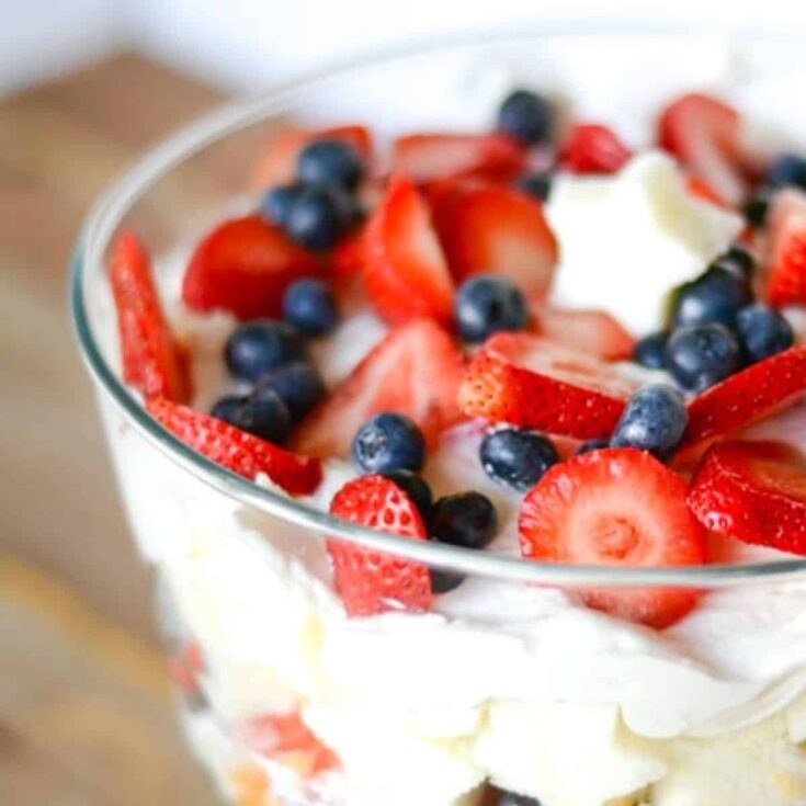 A bowl of appetizing red white and blue trifle