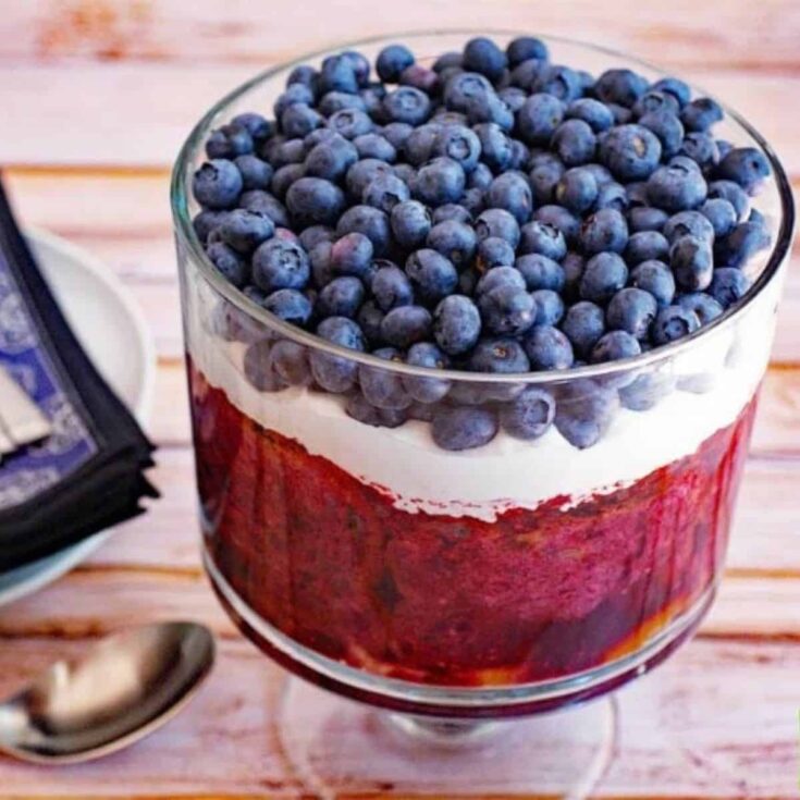 A big bowl of blueberry filled red, white and blue trifle