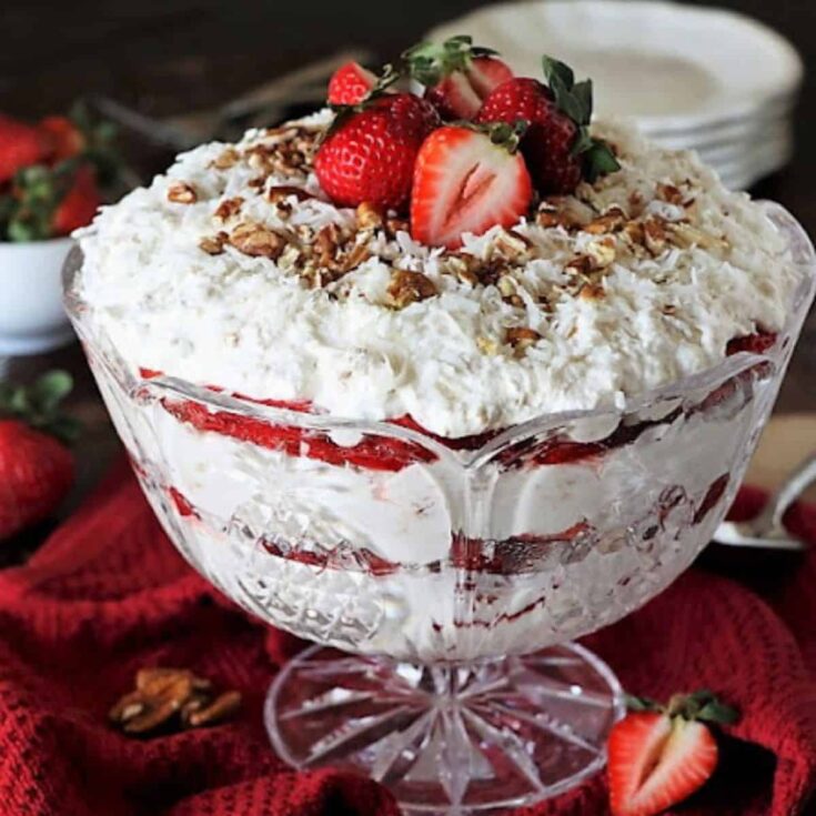 A bowl of southern strawberry coconut punch trifle