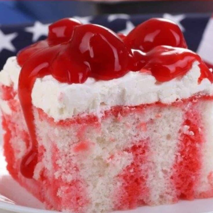 A slice of summertime cherry Jell-O poke patriotic cake