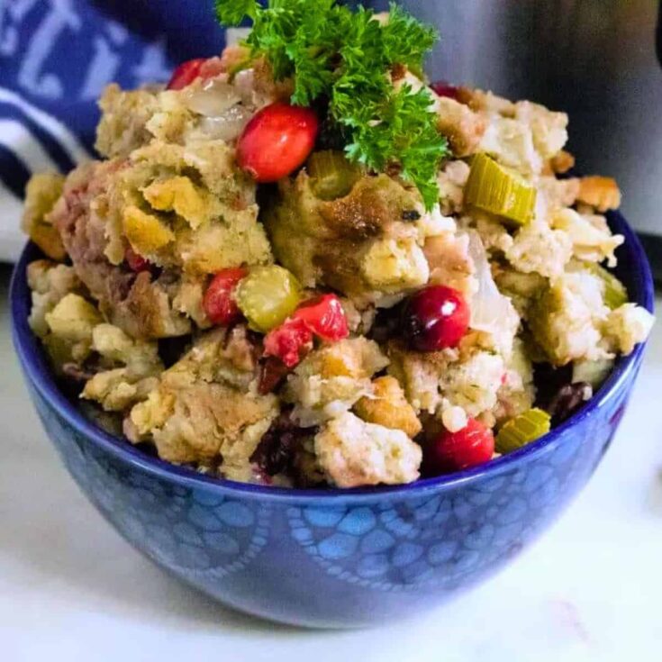 A bowl of cranberry stuffing Instant pot perfect for Thanksgiving