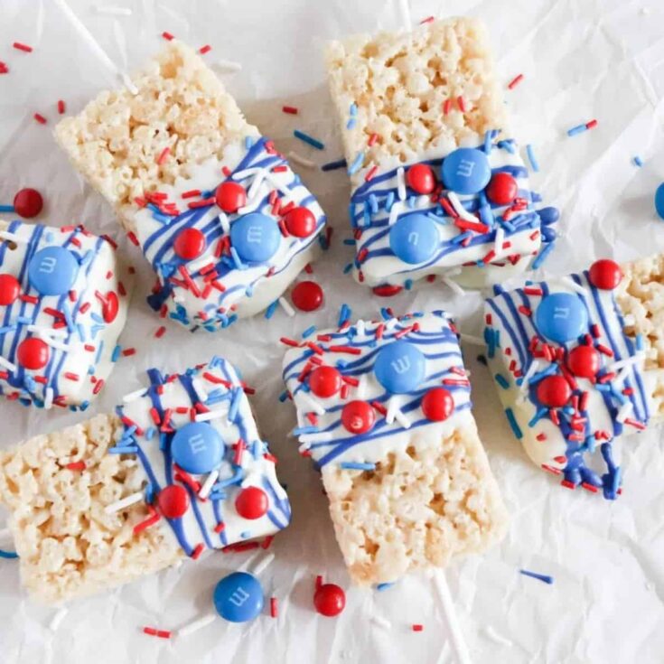 A set of fourth of July Rice Krispie treats Patriotic Desserts