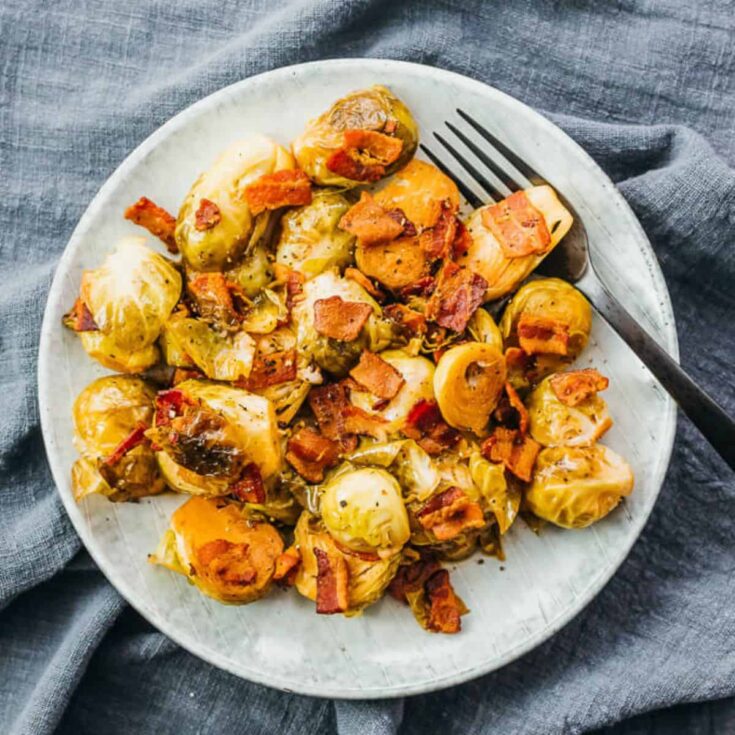 A plate of an Instant pot Thanksgiving Brussels sprouts