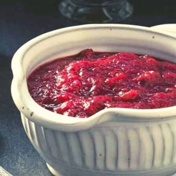 A bowl of plant based cranberry sauce Instant pot perfect for Thanksgiving