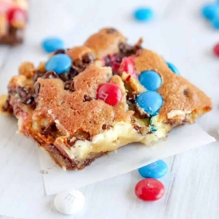 An M&M chocolate chip cheesecake bars Patriotic Dessert