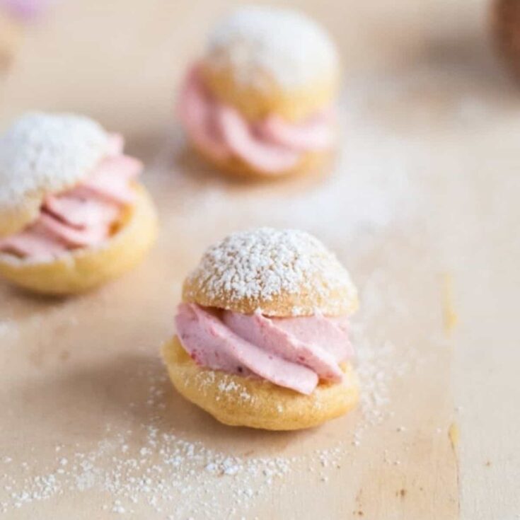 Mini profiteroles with strawberry cream perfect for an English afternoon tea party