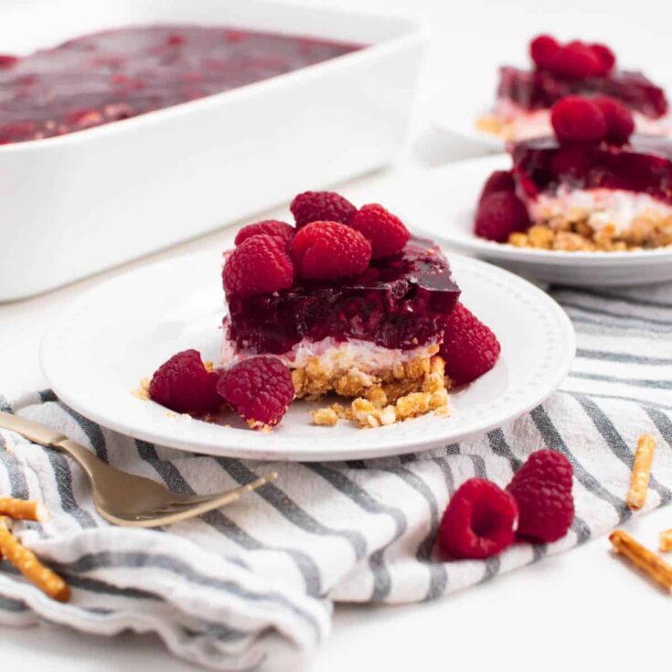 A plate of raspberry pretzel jello Patriotic Dessert