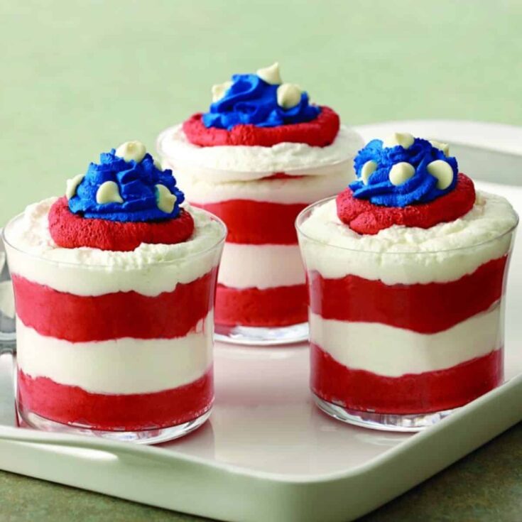 A set of red, white and blue mousse parfait recipe Patriotic Desserts