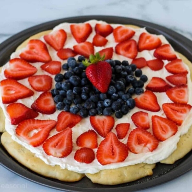 A tray of Rhodes rolls fruit pizza Patriotic Dessert