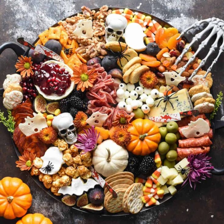 A round Halloween charcuterie board