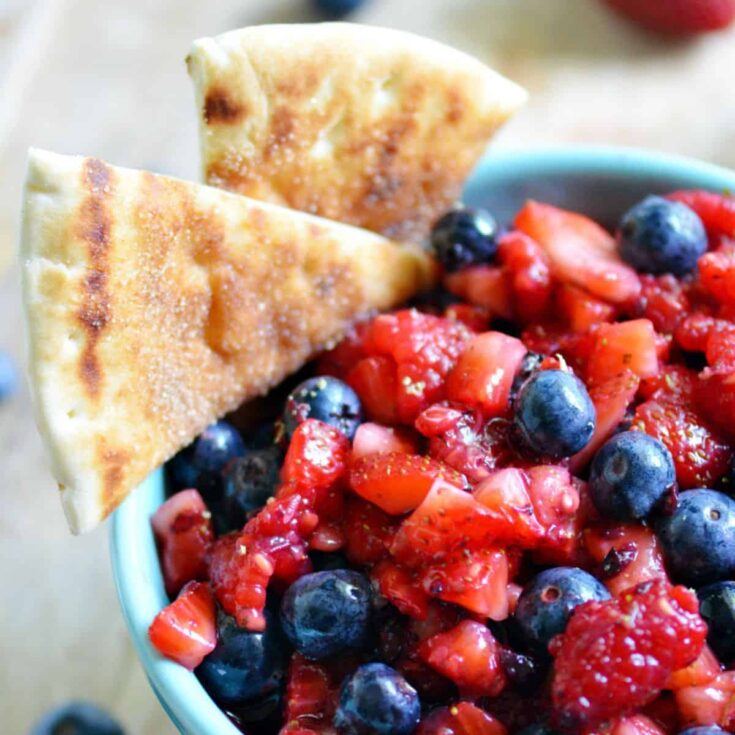 A bowl of very berry fruit salsa Patriotic Dessert