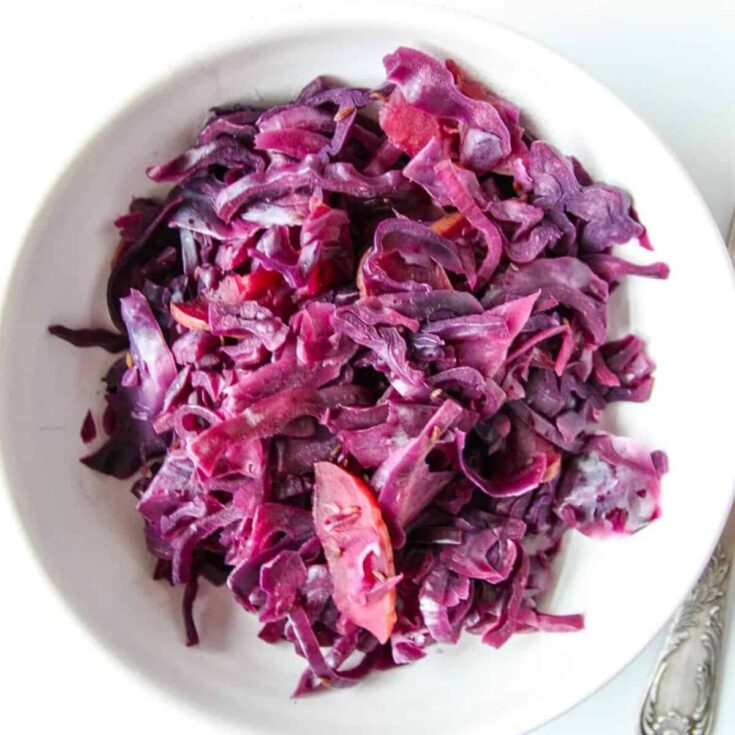 A plate of braised red cabbage and apples cookout sides
