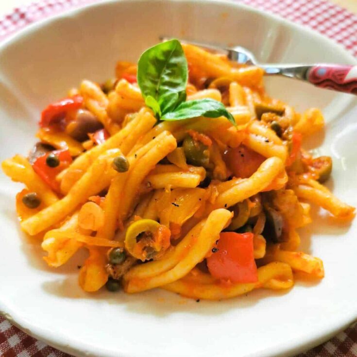 An appetizing plate of Casarecce pasta caponata recipe from Sicily cookout side