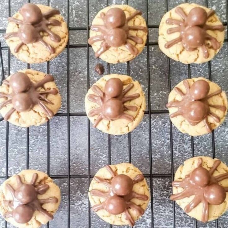 A tray of easy peanut butter spider cookies for Halloween