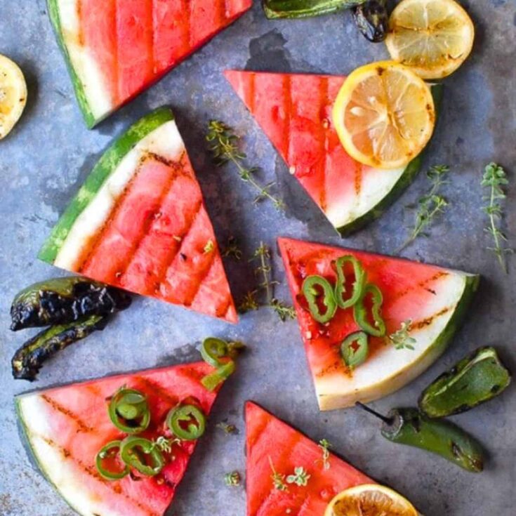 A set of grilled watermelon with jalapeno rings cookout sides