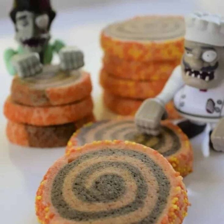 A stack of Halloween pinwheel cookies