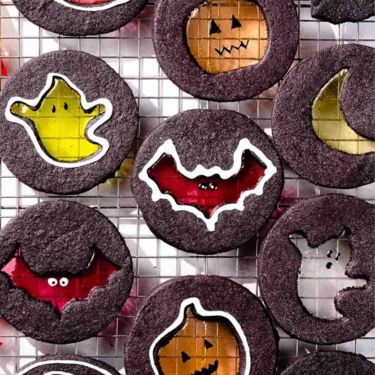 A tray of Halloween windowpane cookies
