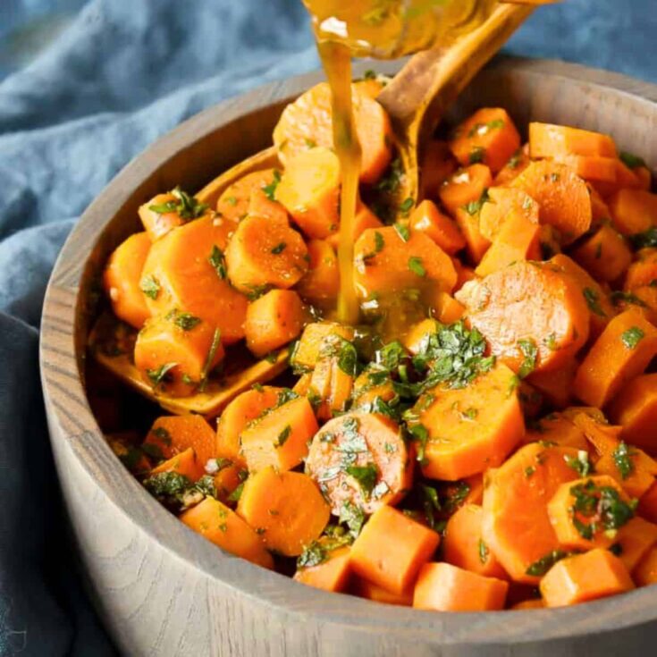 A bowl of Moroccan carrots cookout side