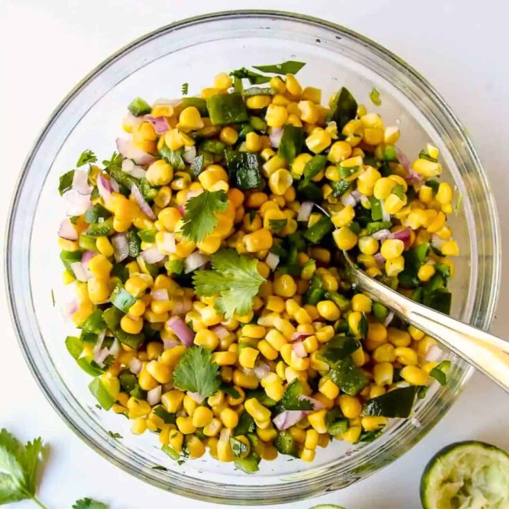 A bowl of roasted chili corn salsa cookout sides