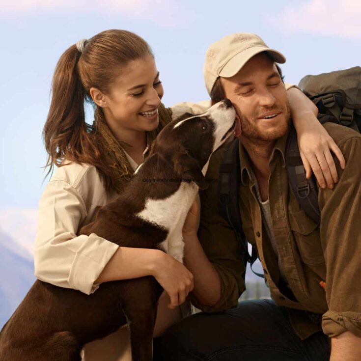 Couple cuddling with their dog as they enjoy one of these dog friendly date ideas