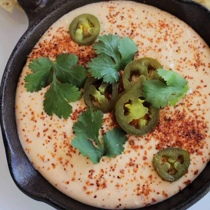 A bowl of Cast iron skillet three cheese queso, cooked after reading these Tailgating recipes