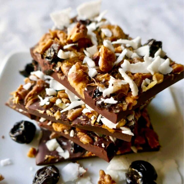 Chocolate cherry nut bark dessert made after reading these Picnic food ideas
