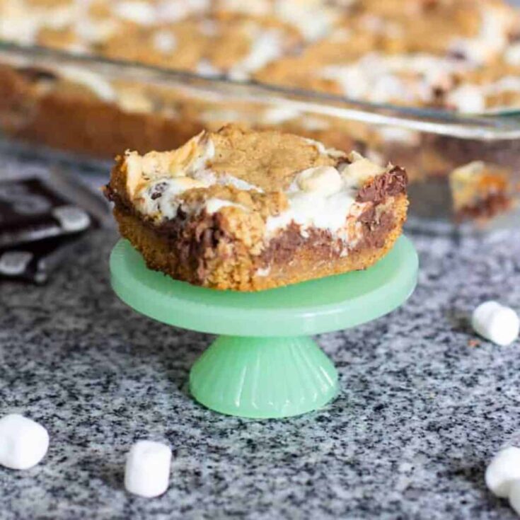 A slice of delicious gooey s'mores bar, baked after reading these s'mores recipes