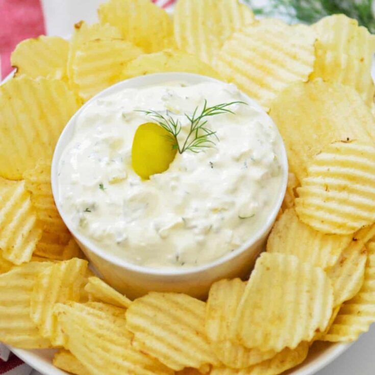 A bowl of Dill pickle dip with cream cheese summer appetizer