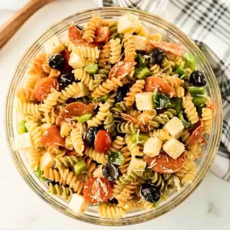 A bowl of Italian pasta salad prepared after reading these Picnic food ideas