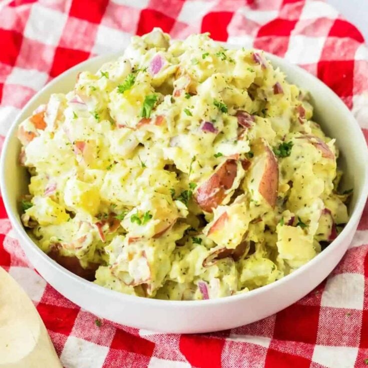 A bowl of red skinned potato summer salad recipe