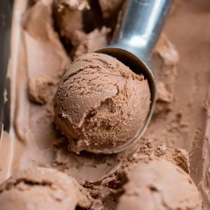 A scoop of French-style double chocolate homemade ice cream