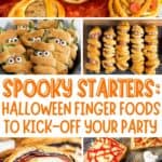 A collage of Halloween meatballs, a mummy jalapeño poppers, a mummy hotdog, stromboli, and a fun Halloween sandwiches, with the text overlay Spooky starters: Halloween finger foods to kick-off your party