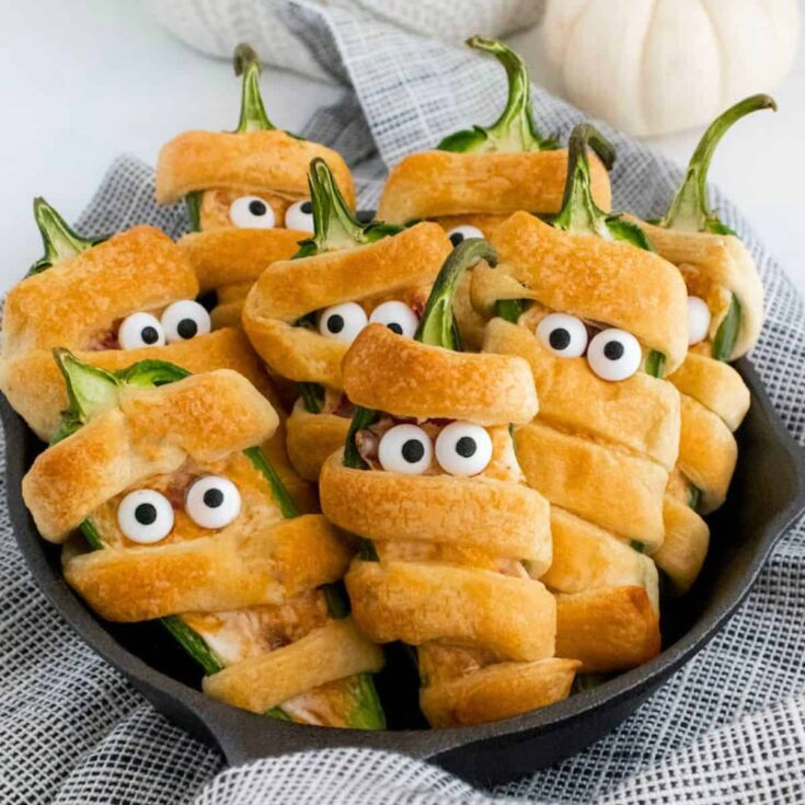 A set of mummy jalapeno poppers cooked after reading these Halloween starters