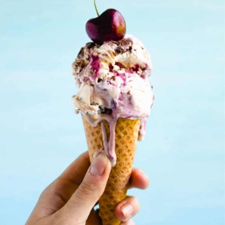 A hand holding a black forest brownie homemade ice cream