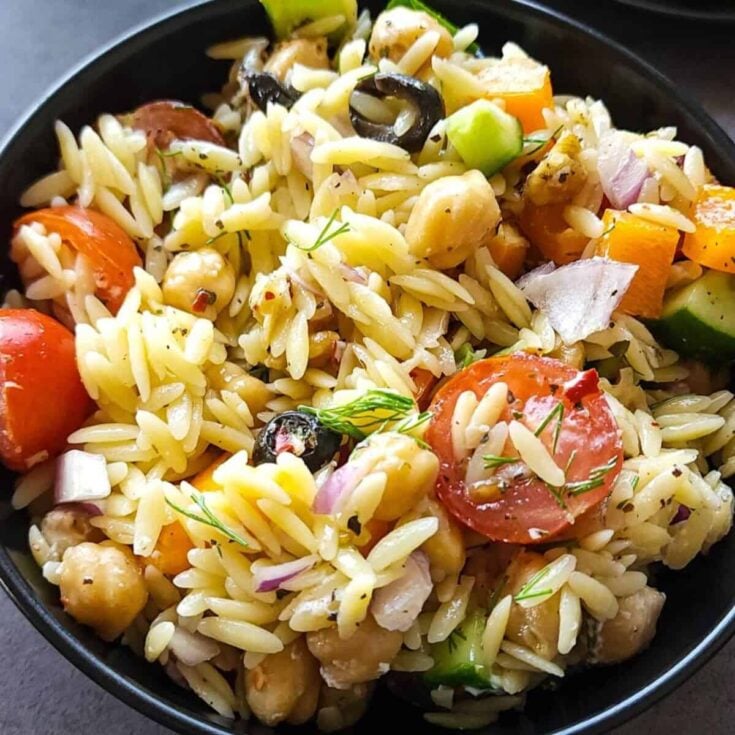 A bowl of Orzo with feta summer salad recipe