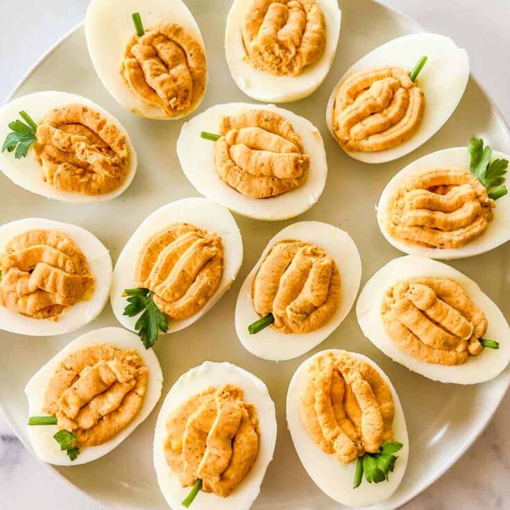 Pumpkin deviled eggs cooked after reading these Fall appetizers recipe
