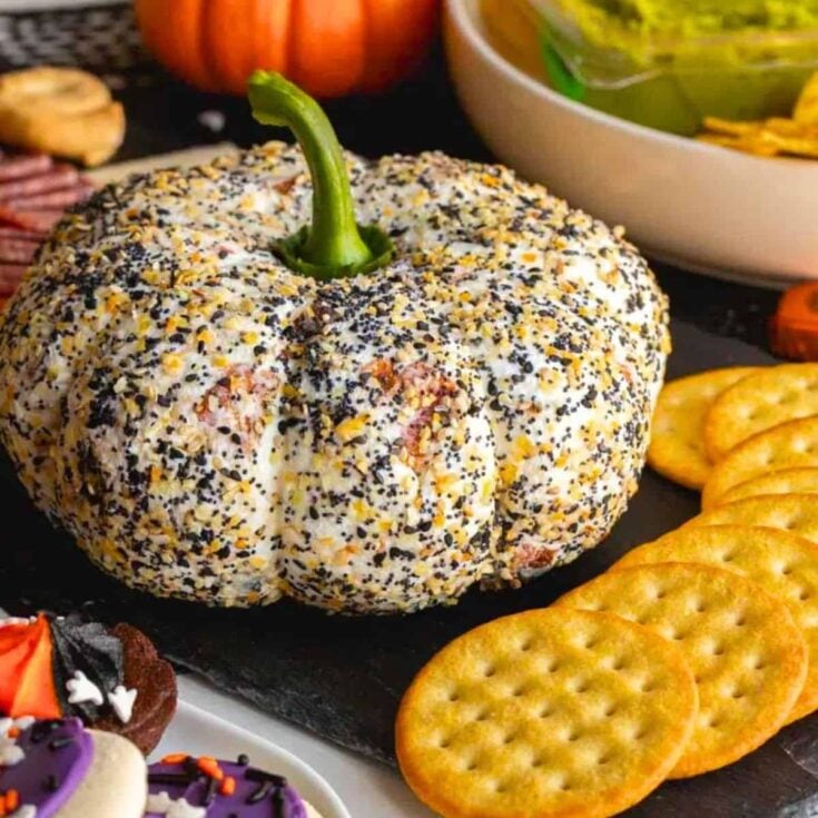 Pumpkin shaped Everything Bagel cheese ball cooked after reading these Thanksgiving appetizers