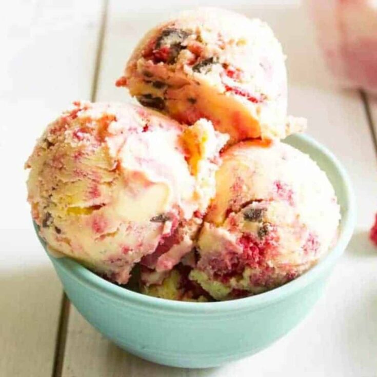 Raspberry swirl and chocolate chunk ice cream prepared after reading these homemade ice cream