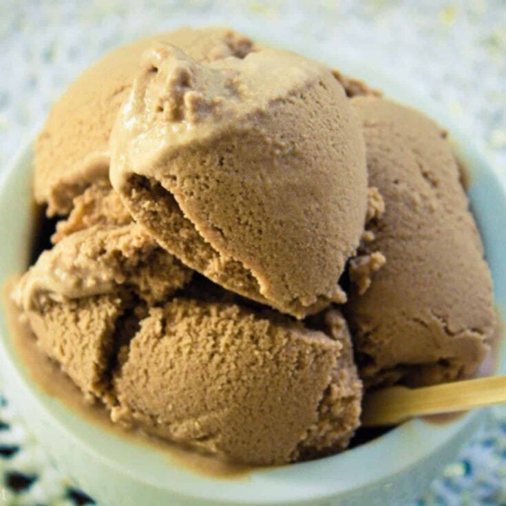 A bowl of rich and creamy vegan coffee ice cream, prepared after reading these homemade ice cream